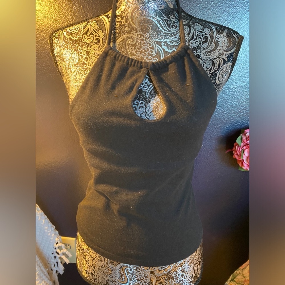 Y2K VINTAGE BLACK HALTER TOP STRETCH WITH BUILT IN BRA S